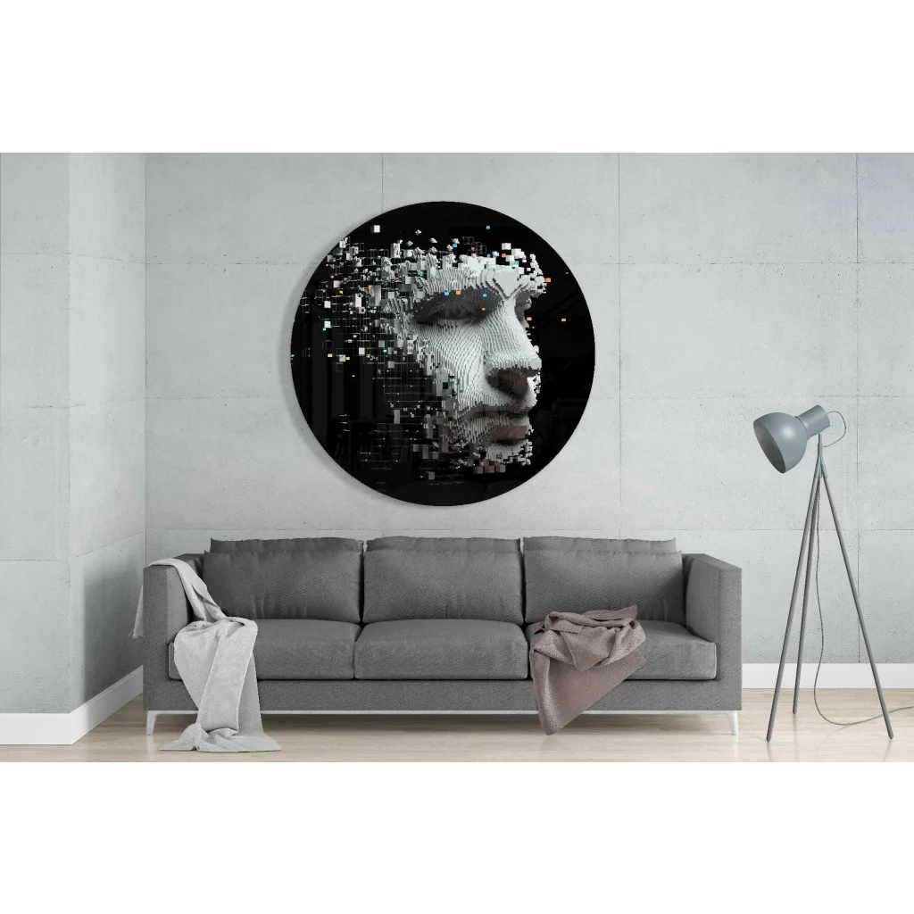 Pixelated Face Tempered Glass Art with Glowing Cubes | Glass Wall Art Print | vintageantiquesgifts.com