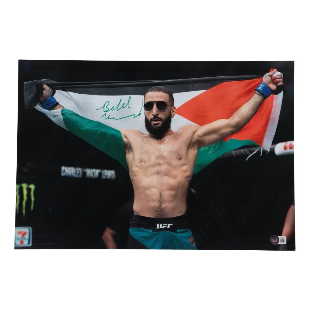 Autographed Belal Muhammad photo holding Palestinian flag 12x18 Beckett Certified