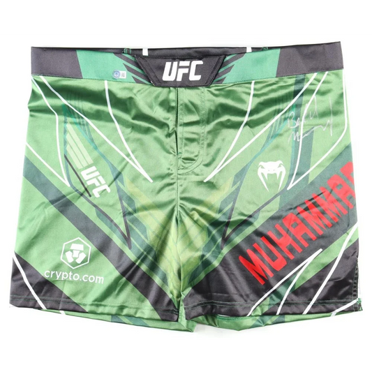 Green and black Belal Muhammad signed UFC trunks with white and red accents