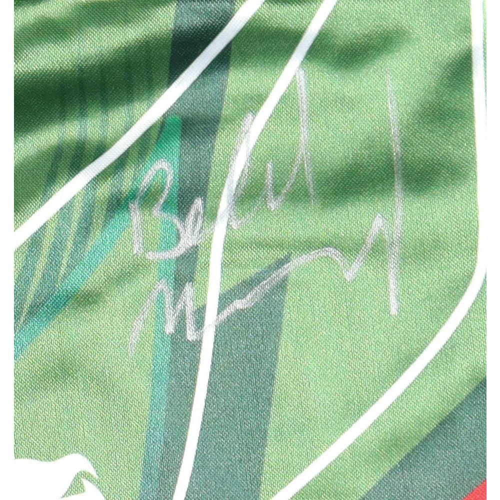 Green striped fabric with white signature from Belal Muhammad signed UFC trunks