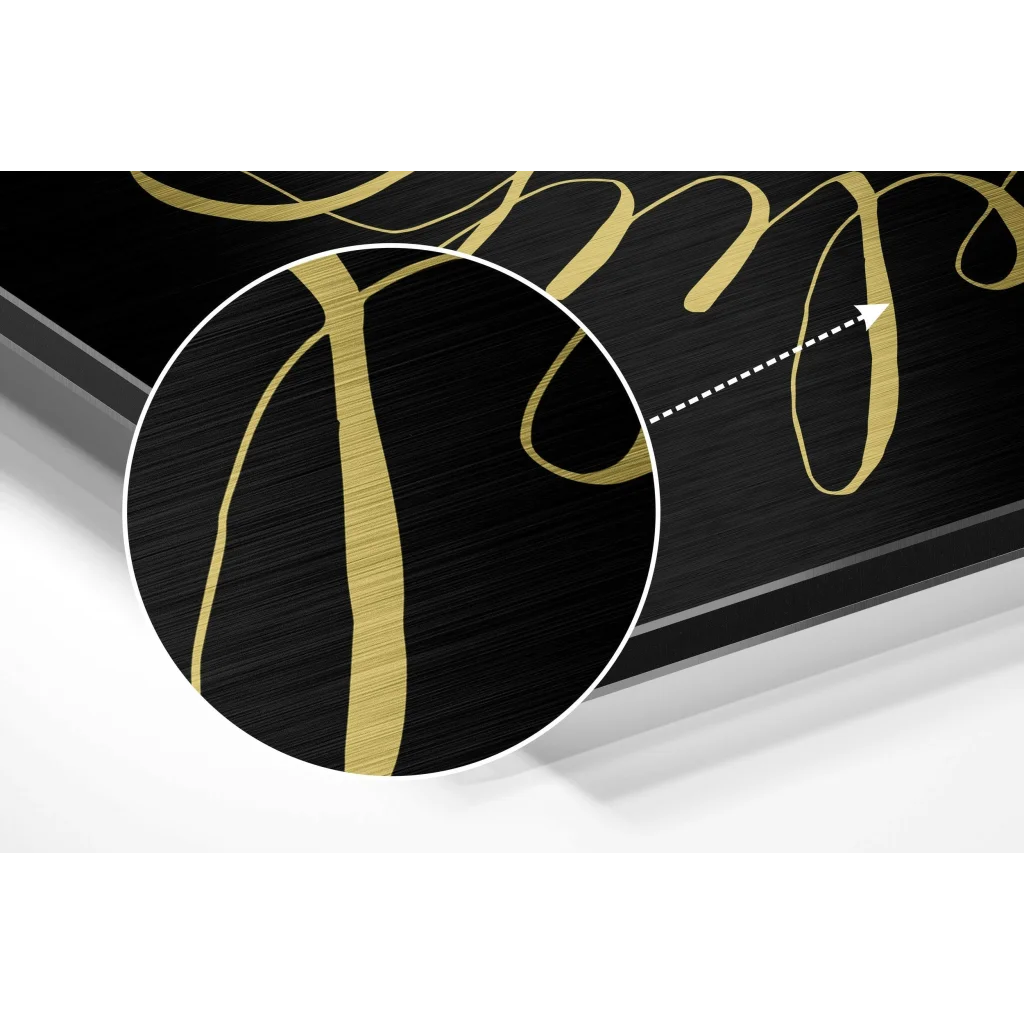 glass wall art Brushed aluminium dibond gold script Believe wall art in black frame