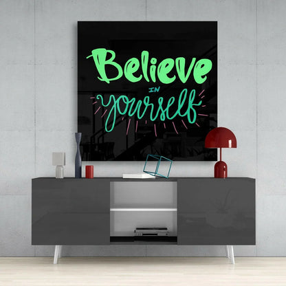 Neon green and teal Believe in Yourself glass wall art canvas