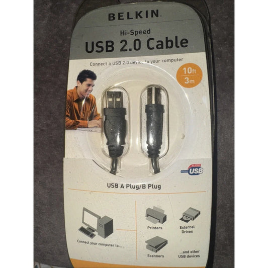 Belkin Hi-Speed USB 2.0 cable 10ft A/B plug black NEW in clear pack
