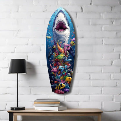 Shark Surfboard Tempered Glass Art with Tropical Fish | Contemporary Home Wall Art | vintageantiquesgifts.com