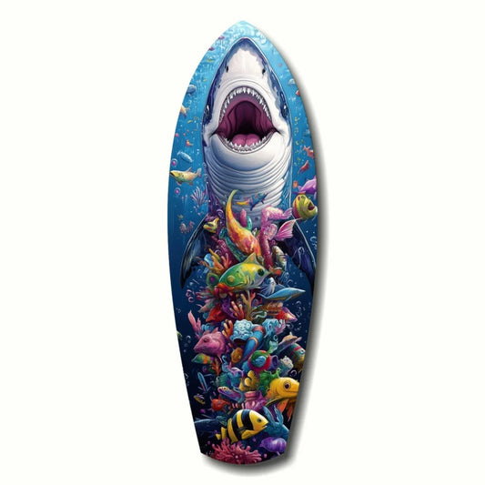 Shark Surfboard Tempered Glass Art with Tropical Fish | Insigneart USA | vintageantiquesgifts.com