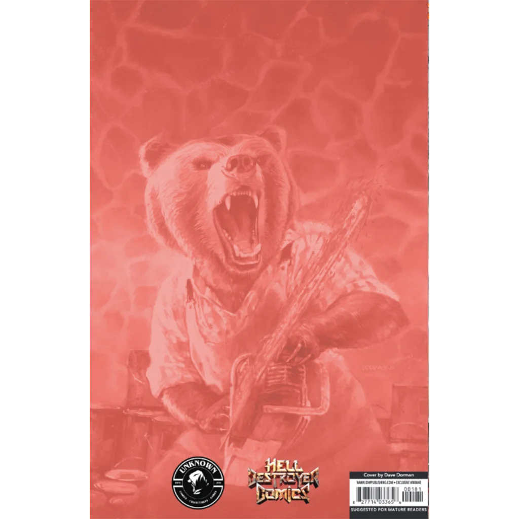 Comic book cover with a bear holding a chainsaw from Dave Dorman Unknown series