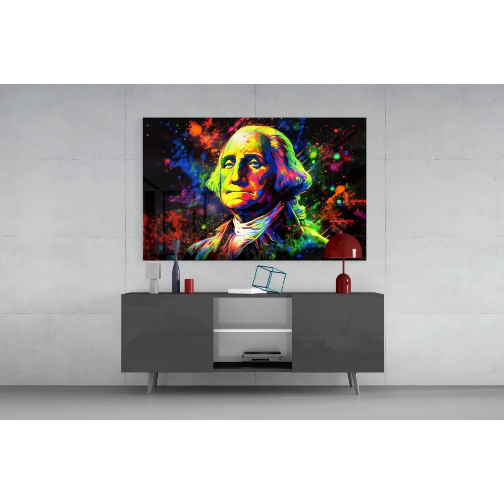 Vibrant pop-art George Washington on sleek black-framed glass wall art