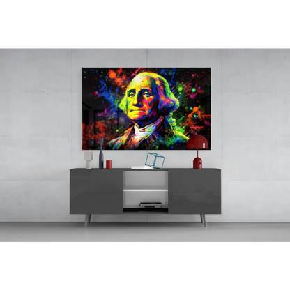 Vibrant pop-art George Washington on sleek black-framed glass wall art