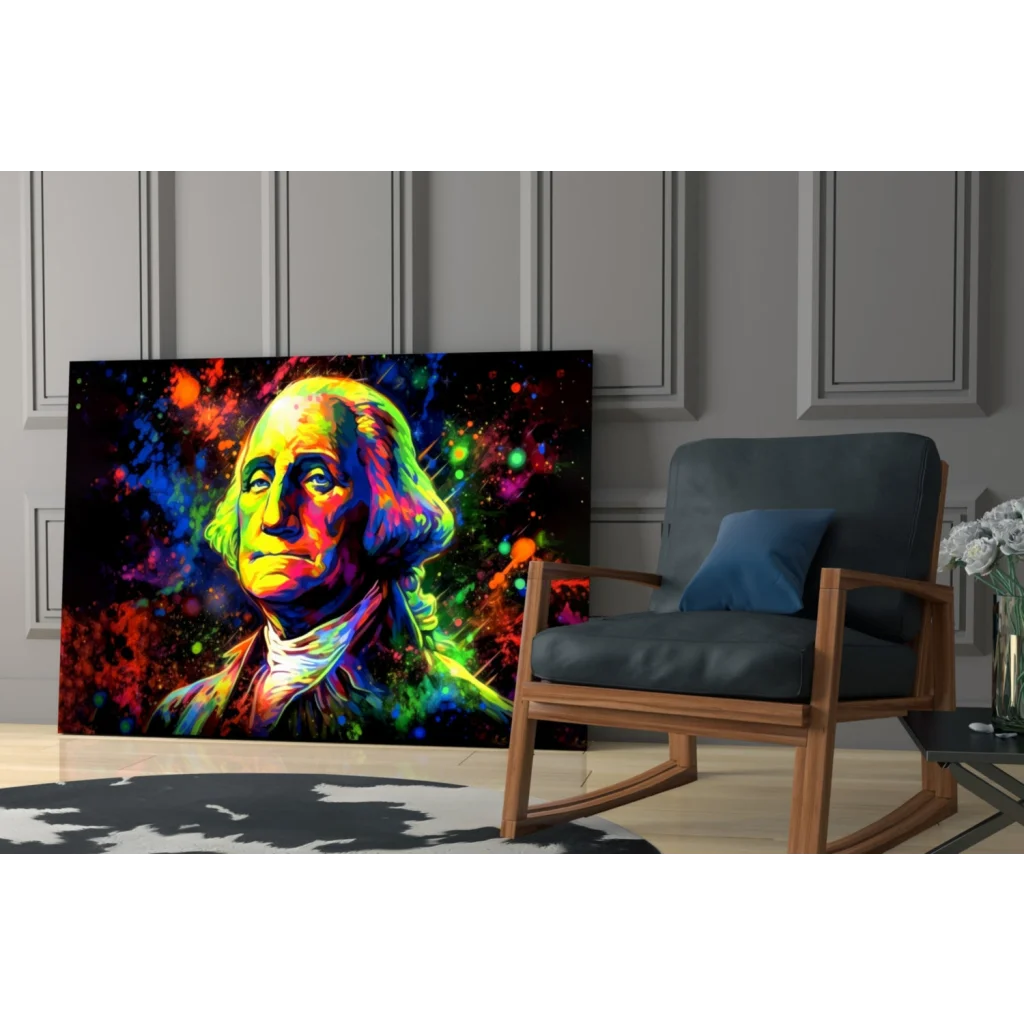 Vibrant neon George Washington pop-art on glass wall art