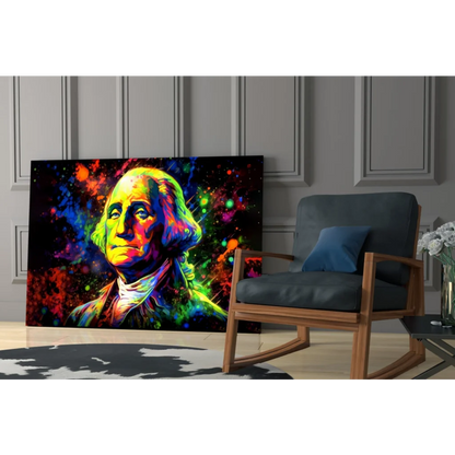 Vibrant neon George Washington pop-art on glass wall art