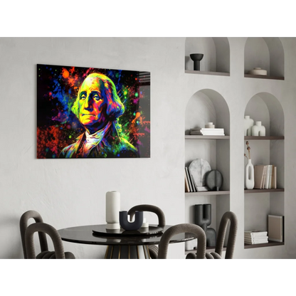 Vibrant Benjamin Franklin glass wall art with splatter paint effect