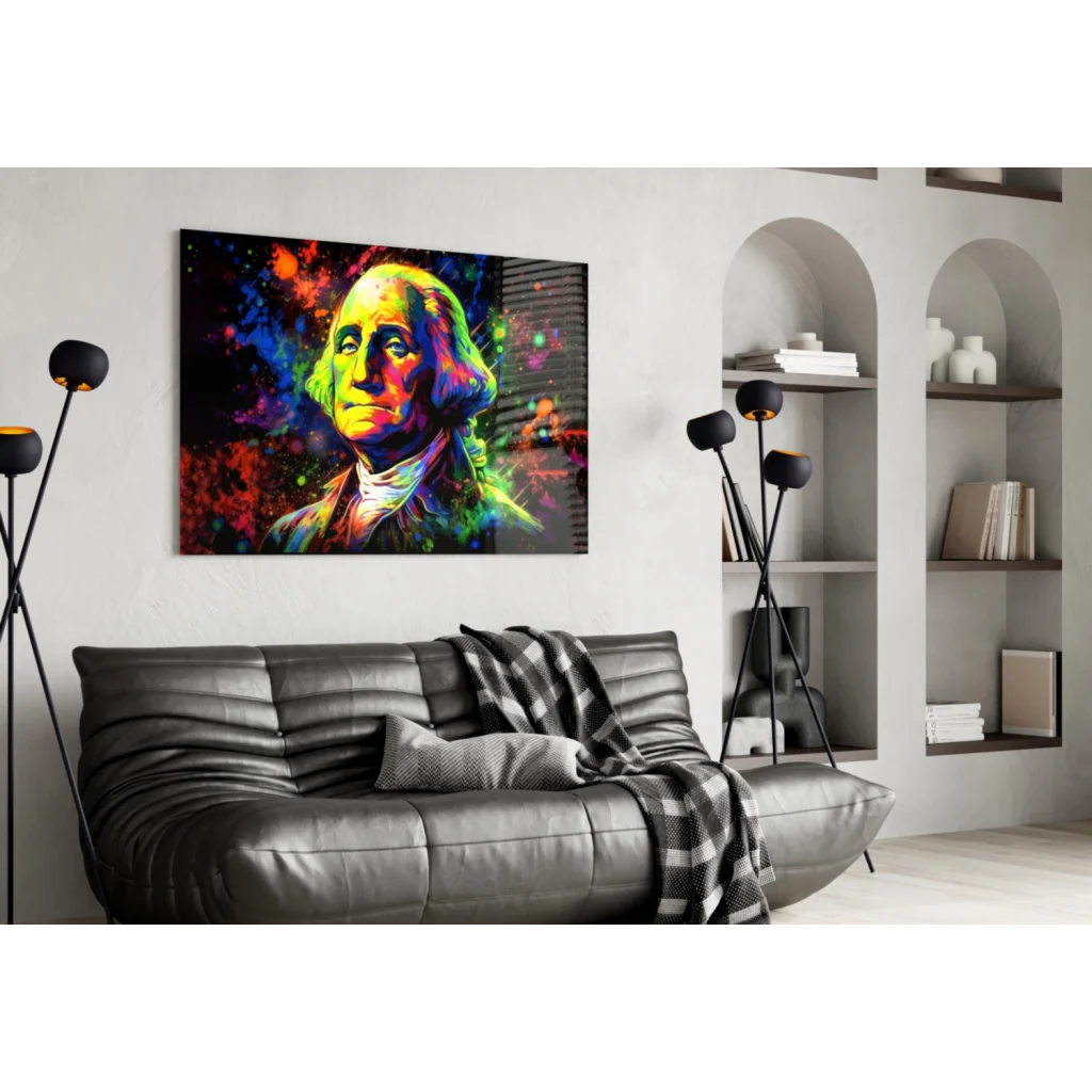 Vibrant neon Benjamin Franklin pop-art on glass wall art