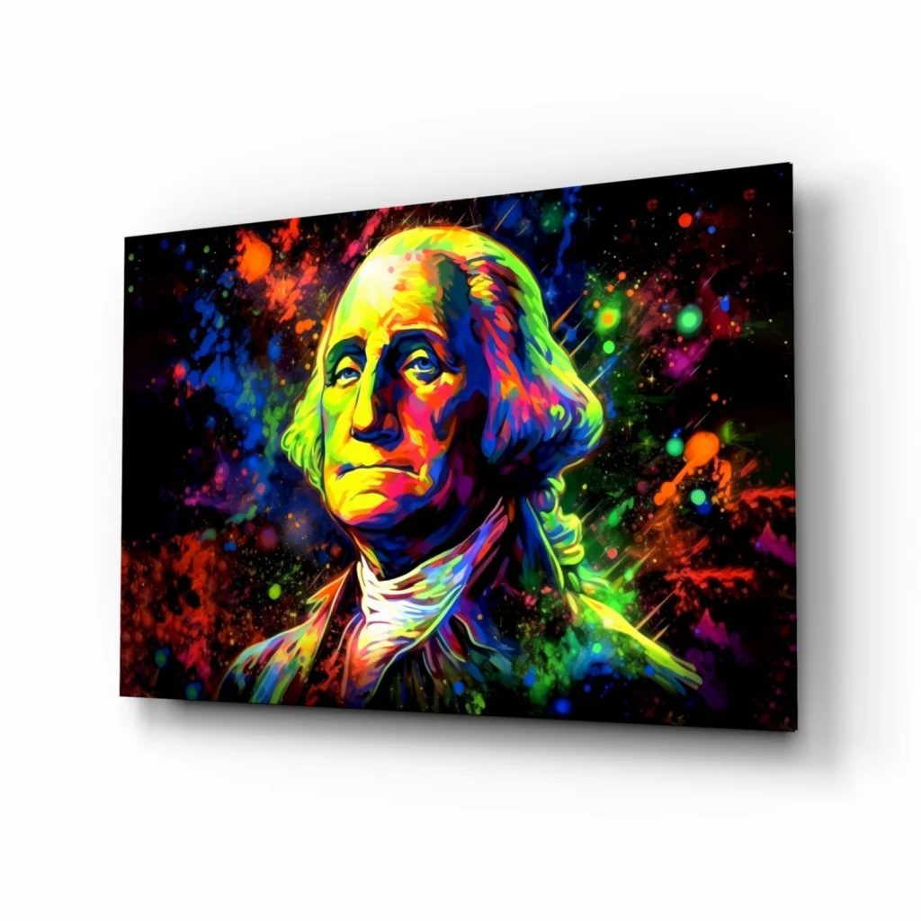 Stylized neon George Washington glass wall art on dark canvas