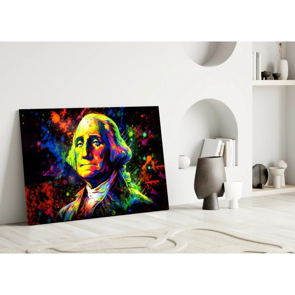 Vibrant neon George Washington glass wall art portrait on black background