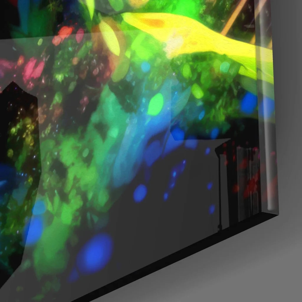 Vibrant neon pop art tempered glass wall masterpiece in green and blue hues