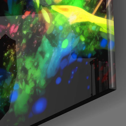 Vibrant neon pop art tempered glass wall masterpiece in green and blue hues