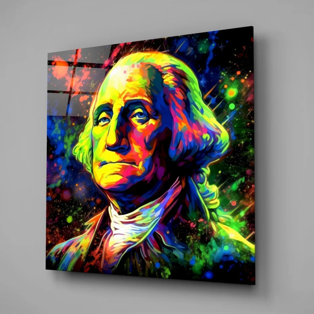 Vibrant neon pop art George Washington on tempered glass art panel