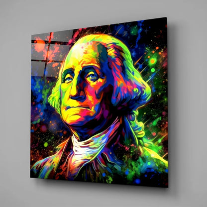 Vibrant neon pop art George Washington on tempered glass art panel