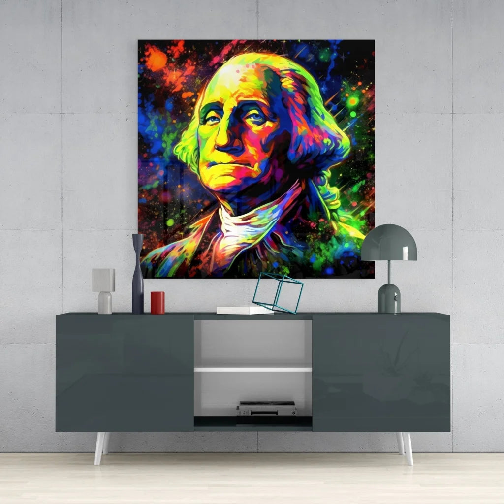 Vibrant neon pop art portrait of George Washington on tempered glass art