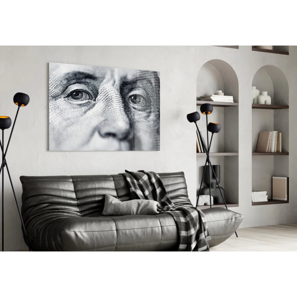 Black and white Benjamin Franklin engraving canvas wall art portrait on wall