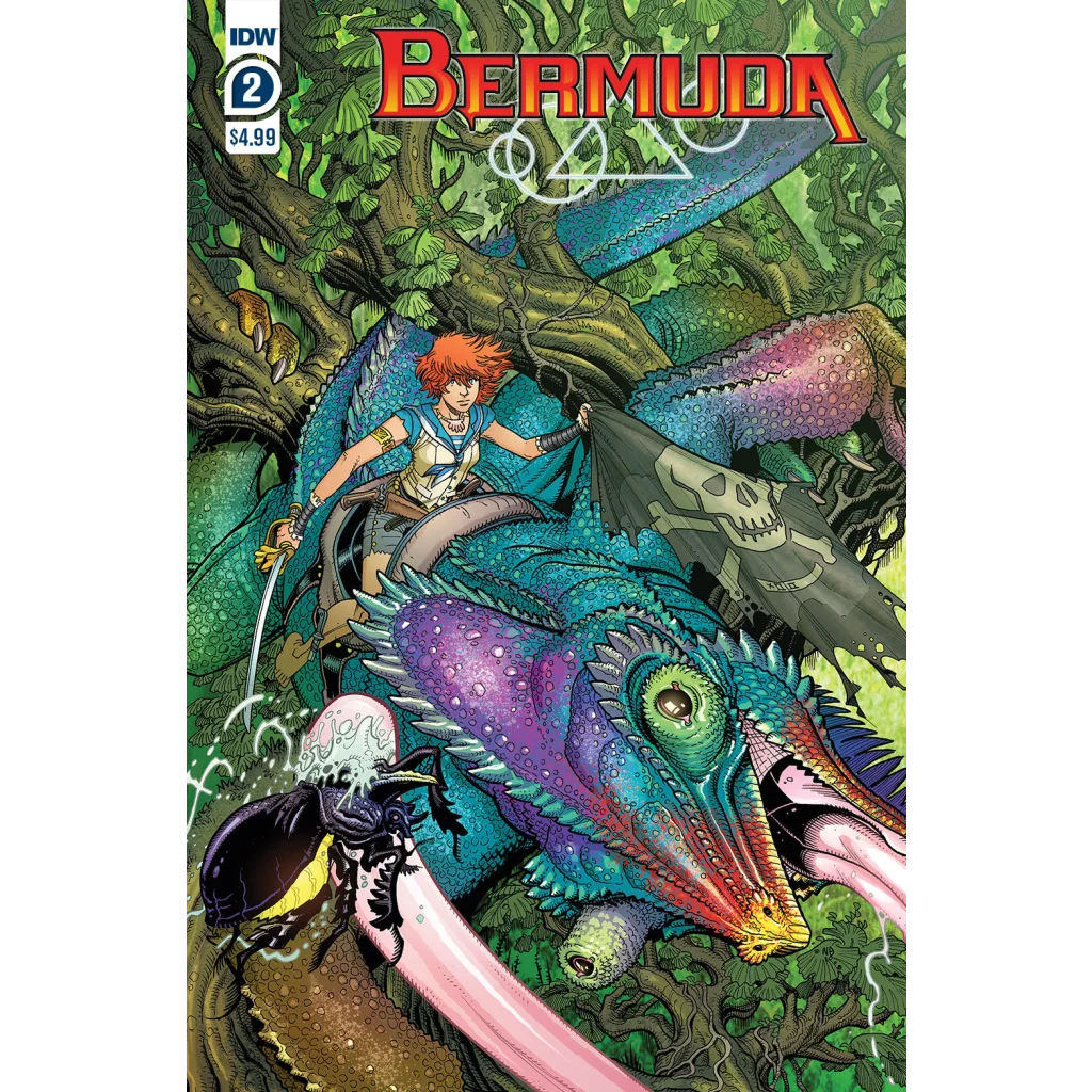 Vibrant multi-colored dragon with teal purple scales pink tongue skull wings in Bermuda #2 comic