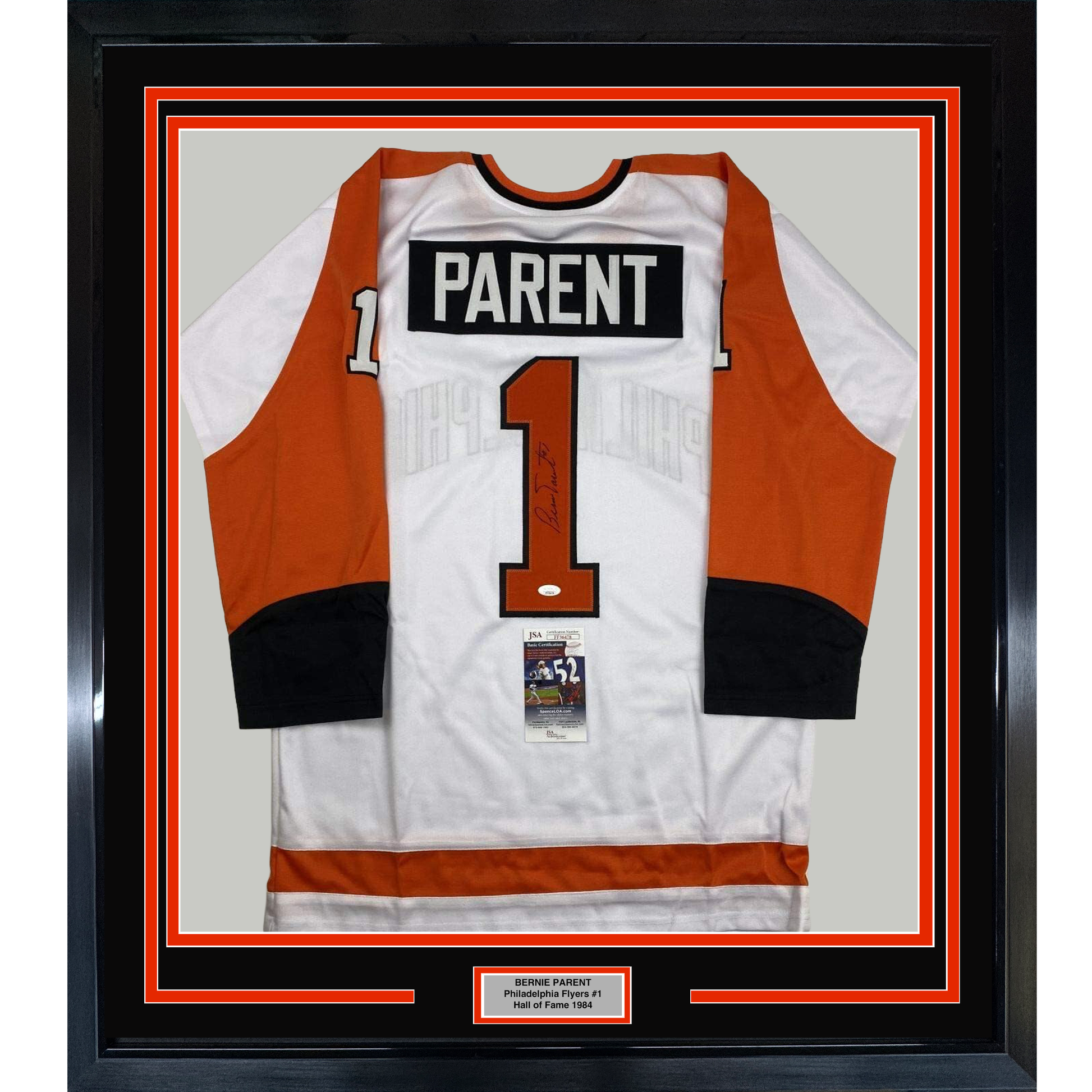 Framed white and orange Philadelphia Flyers hockey jersey number 1 with "PARENT" nameplate, displayed flat against beige backing with authentication certificate visible.