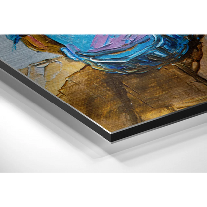 Vibrant brushed aluminium dibond art with textured blue strokes