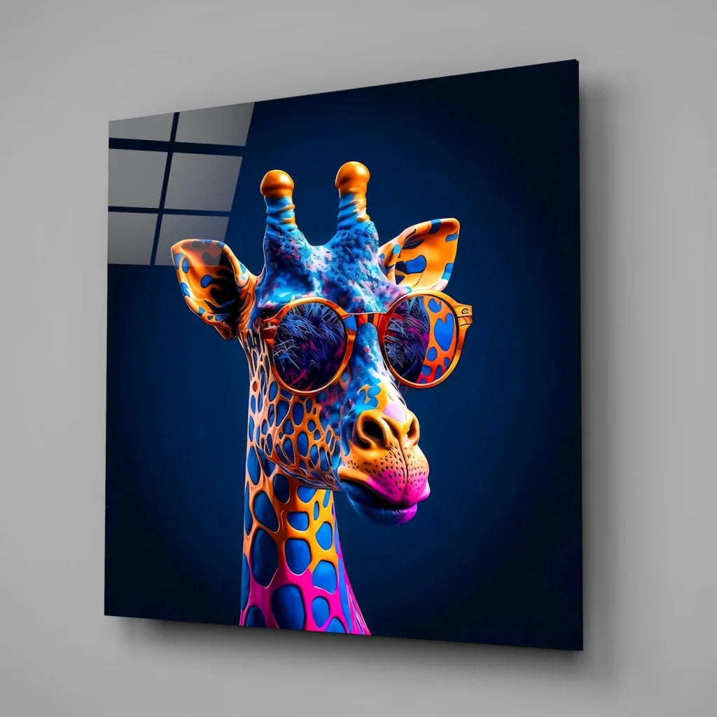Vibrant giraffe in bold blue orange on tempered glass art