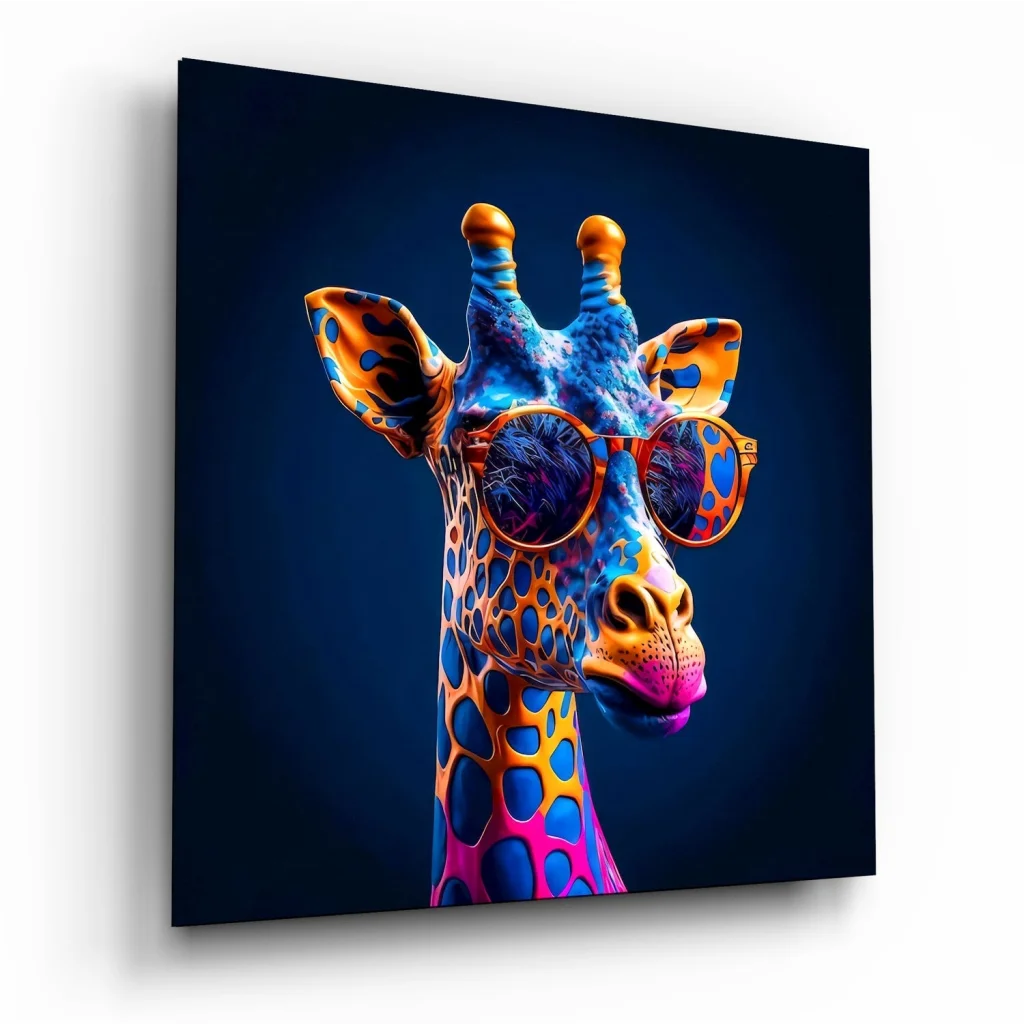 Vibrant giraffe in blue orange coat and sunglasses on tempered glass art