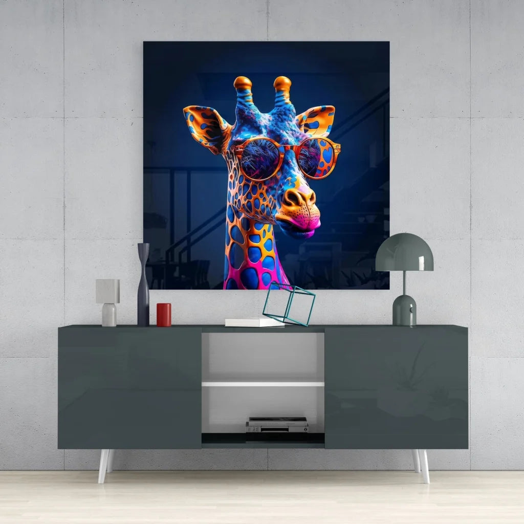 Vibrant giraffe in blue orange patterns on tempered glass art