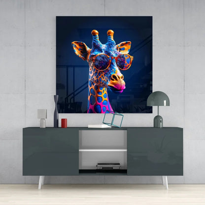 Vibrant giraffe in blue orange patterns on tempered glass art