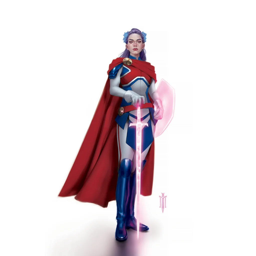 Betsy Braddock as Captain Britain with glowing pink sword and shield in comic art