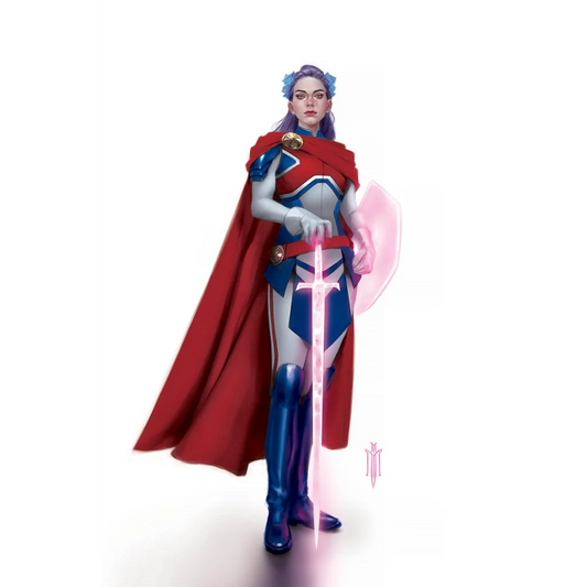 Betsy Braddock as Captain Britain with glowing pink sword and shield in comic art