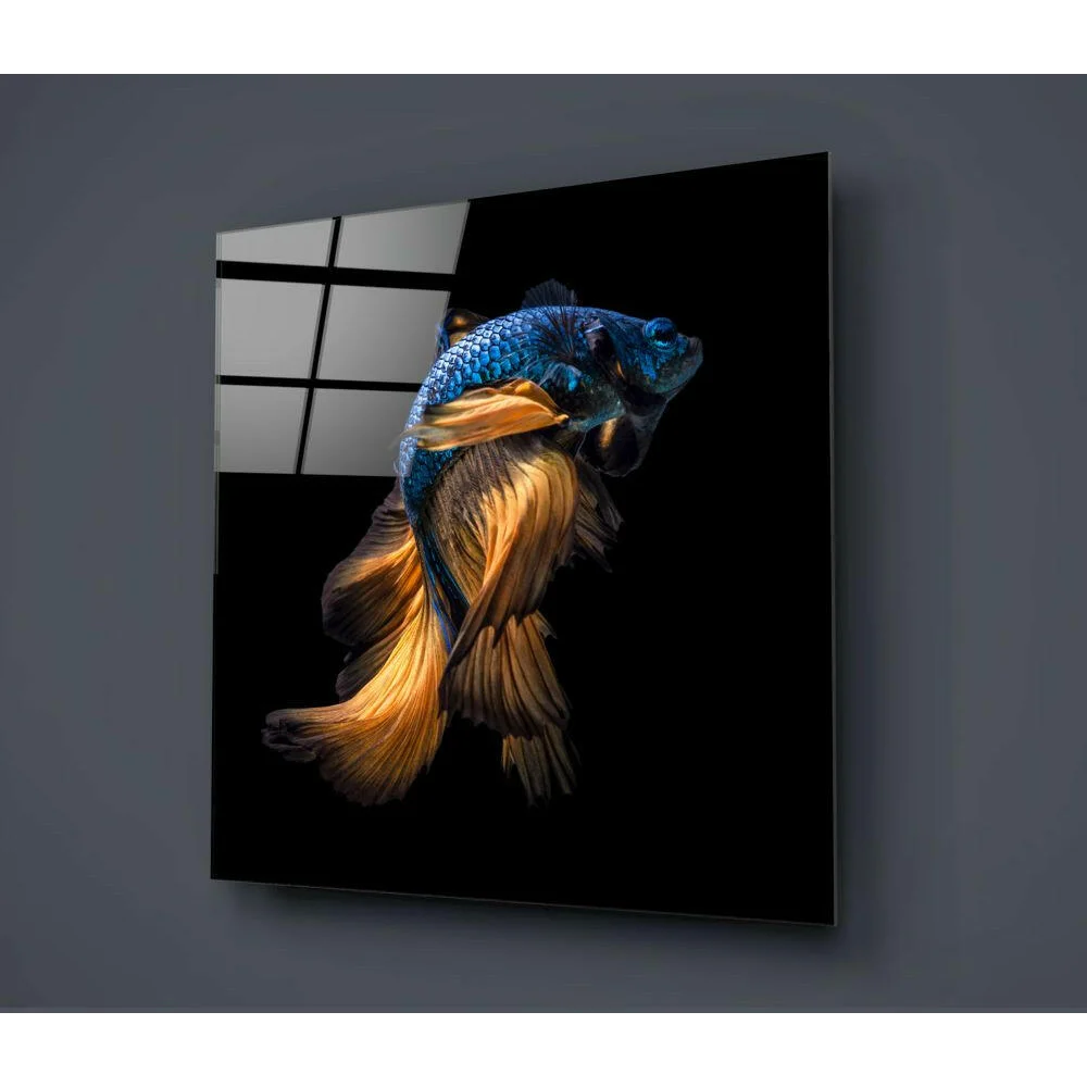 Stunning Betta Fish Glass Wall Art in Blue and Gold | Glass Wall Art Print | vintageantiquesgifts.com