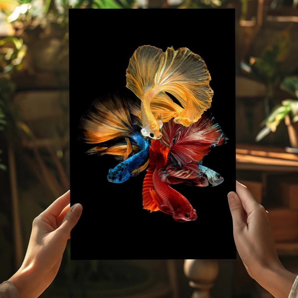 Vibrant betta fish on insigne aluminum prints, black background