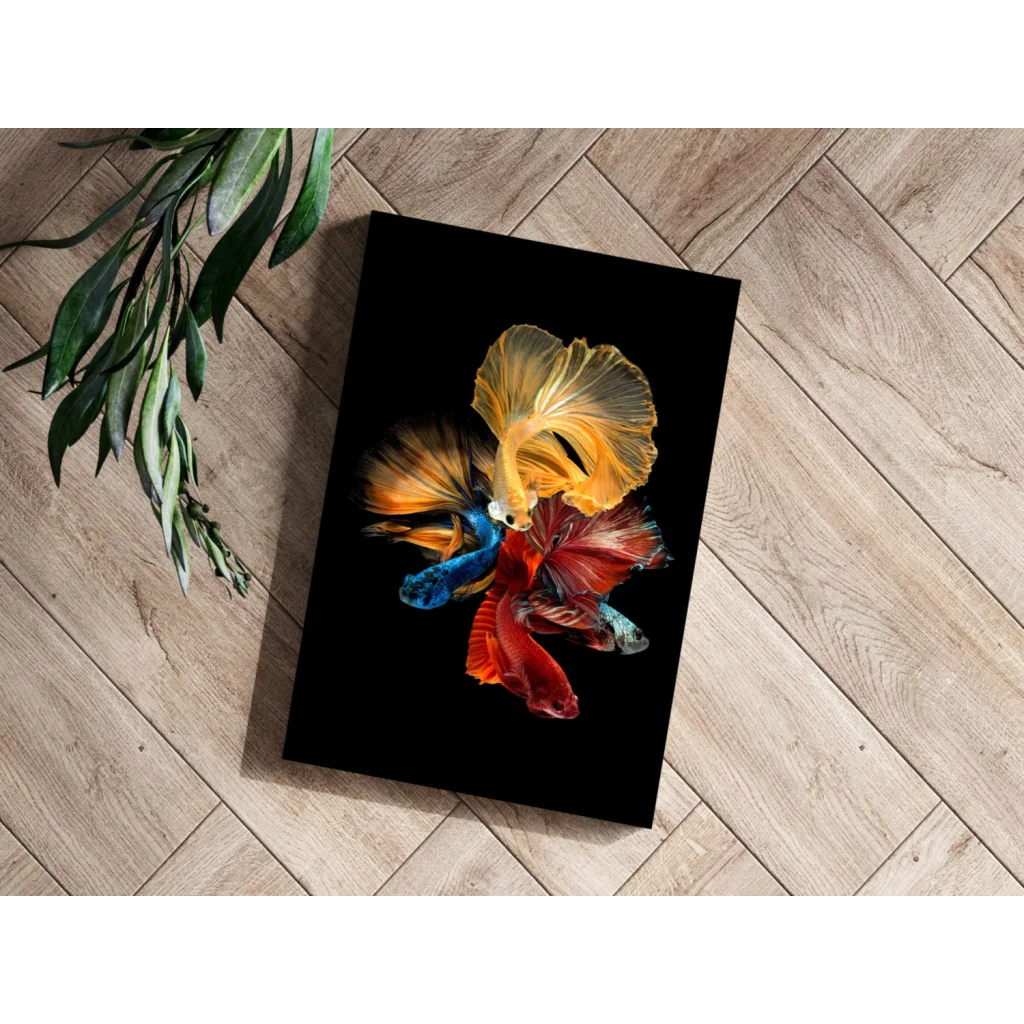 Vibrant multi-colored betta fish artwork on insigne aluminum prints