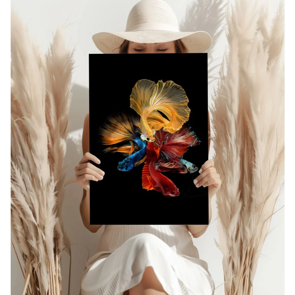 Three colorful betta fish in motion on insigne aluminum prints