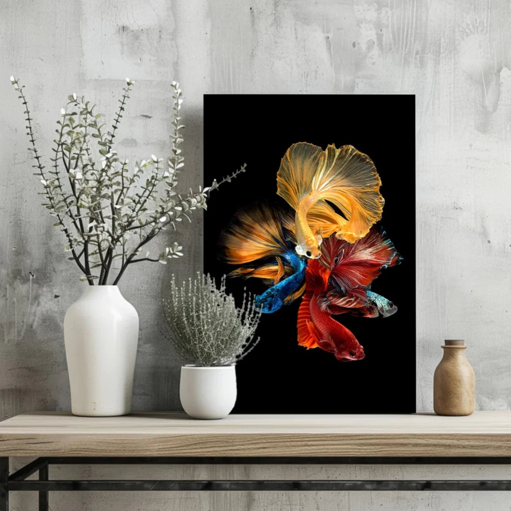 Vibrant multi-colored betta fish artwork on insigne aluminum prints