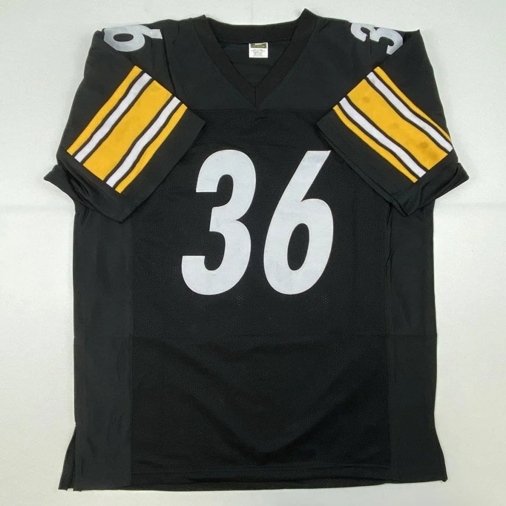 Black custom jersey with white 36 and yellow stripes, perfect for professional sports fans