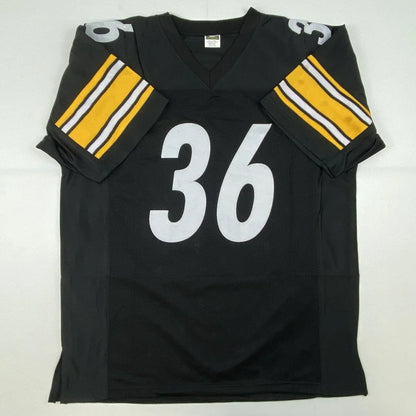 Black custom jersey with white 36 and yellow stripes, perfect for professional sports fans