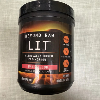 Beyond Raw Lit 250mg caffeine watermelon pre-workout container