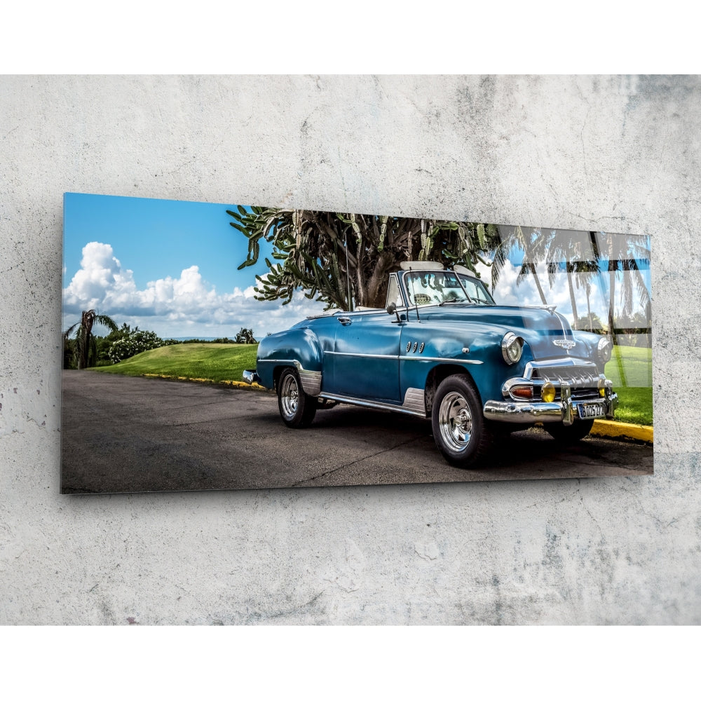 A blue 1950s convertible car parked on a driveway with palm trees and green lawn under blue sky displayed on rectangular glass wall art.
