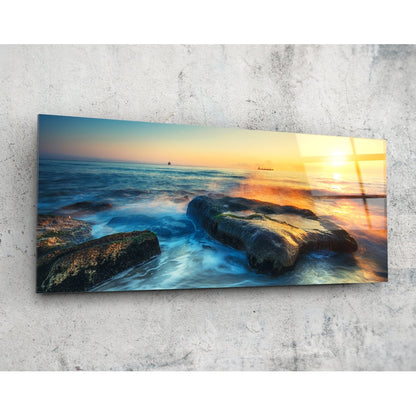 Mossy Rocks Sunrise Sea Glass Wall Art