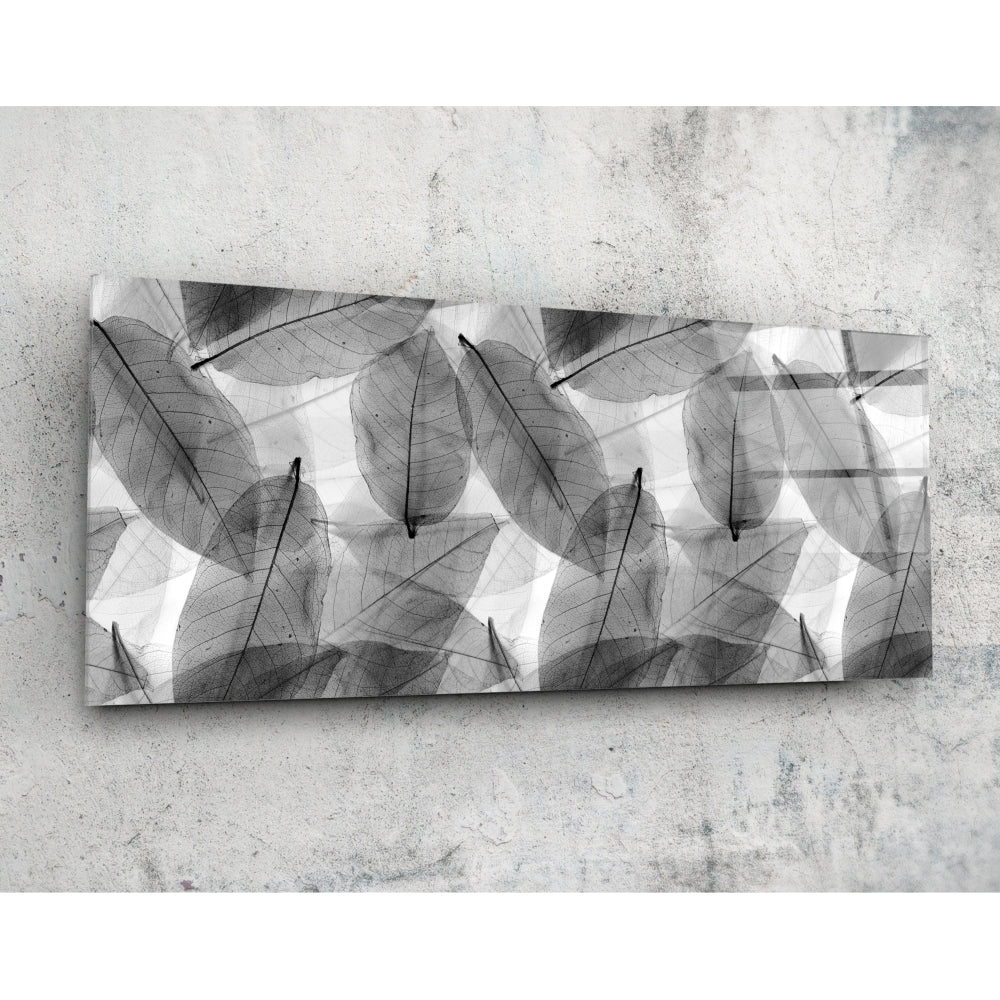 Black and white leaf-patterned glass panel mounted on textured concrete wall, displayed horizontally.
