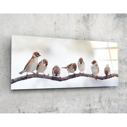 Seven Sparrows On A Bare Branch Glass Wall Art