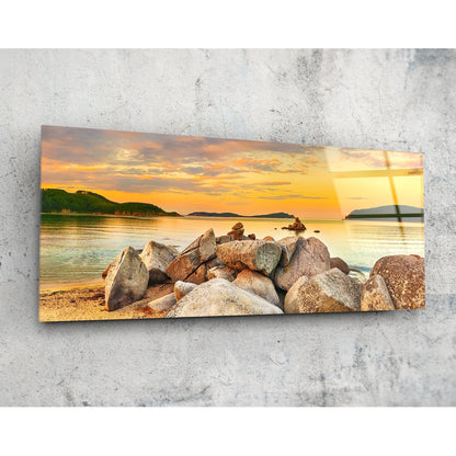Boulder Pile Golden Sunset Bay Glass Wall Art