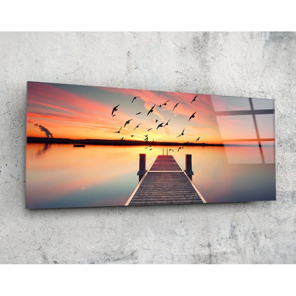 Flying Birds Sunset Pier Glass Wall Art