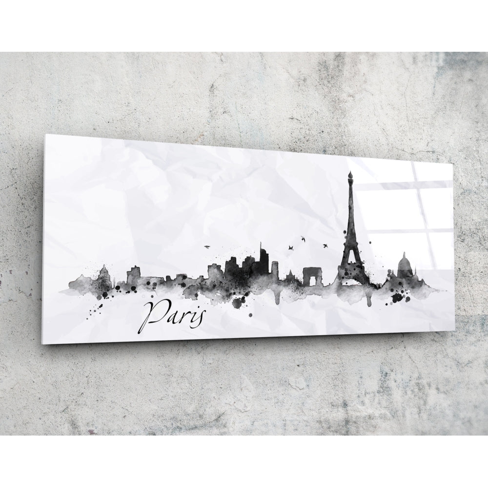 Horizontal white glass panel mounted on concrete wall displaying black watercolor Paris skyline with Eiffel Tower and "Paris" script text.
