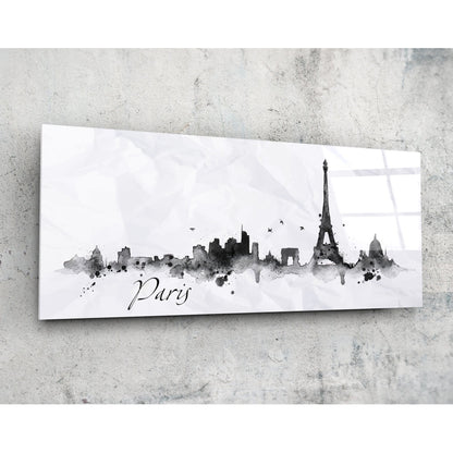 Horizontal white glass panel mounted on concrete wall displaying black watercolor Paris skyline with Eiffel Tower and "Paris" script text.