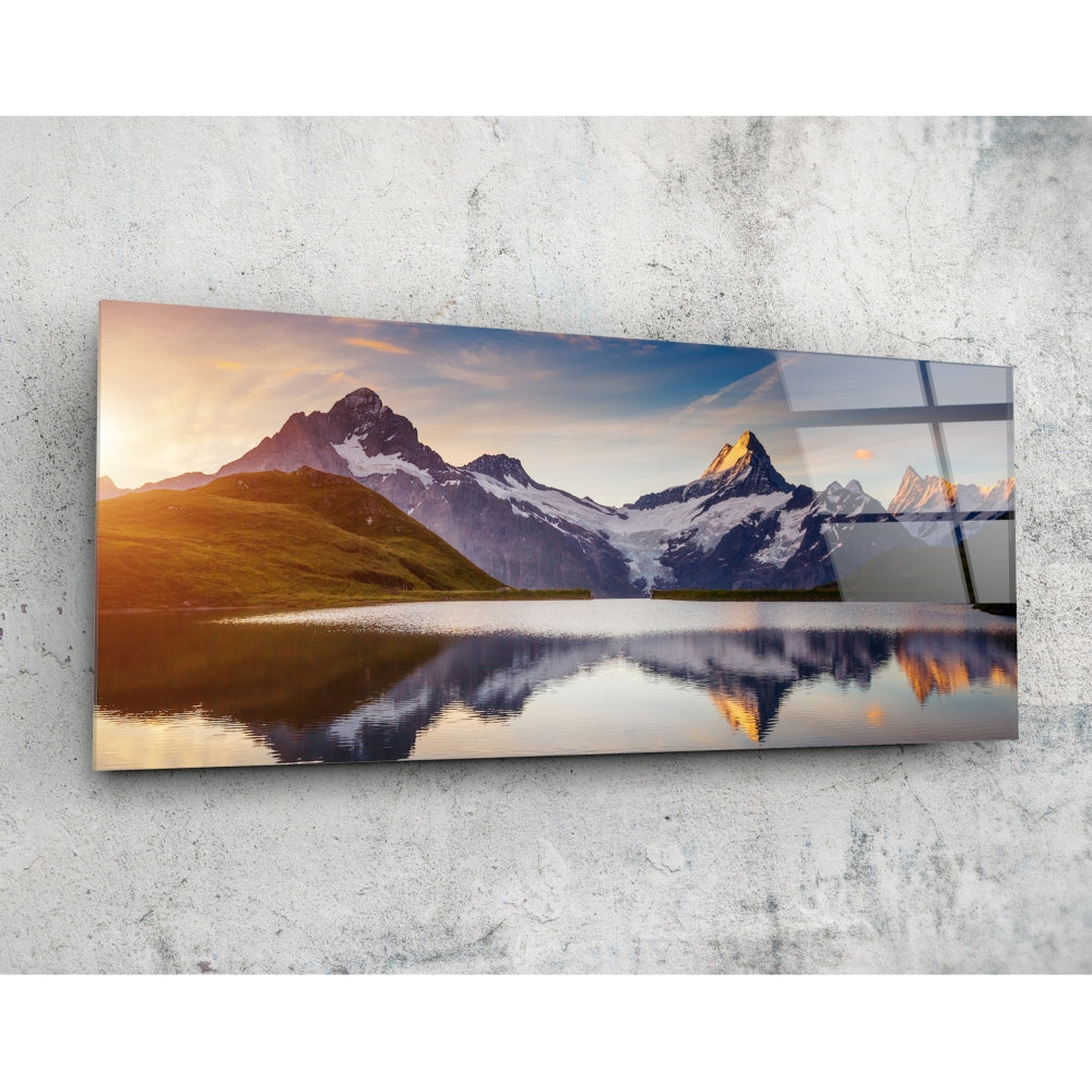Sunrise Snowy Peaks Mirror Lake Glass Wall Art